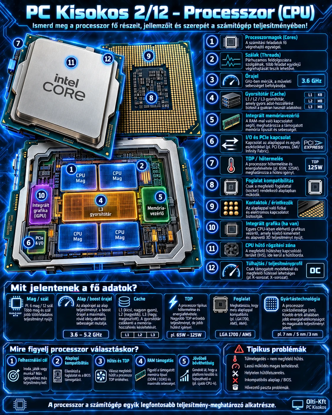 PC Kisokos 2/12 – processzor CPU útmutató magokkal, szálakkal, órajellel, cache-sel, hűtéssel és kompatibilitási információkkal